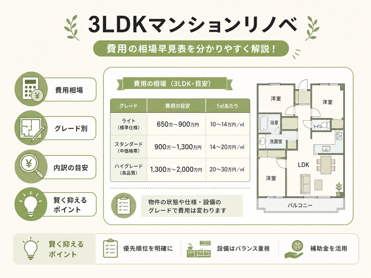 3ldkの3LDKマンションリノベーション費用の相場早見表を表す図解イラスト
