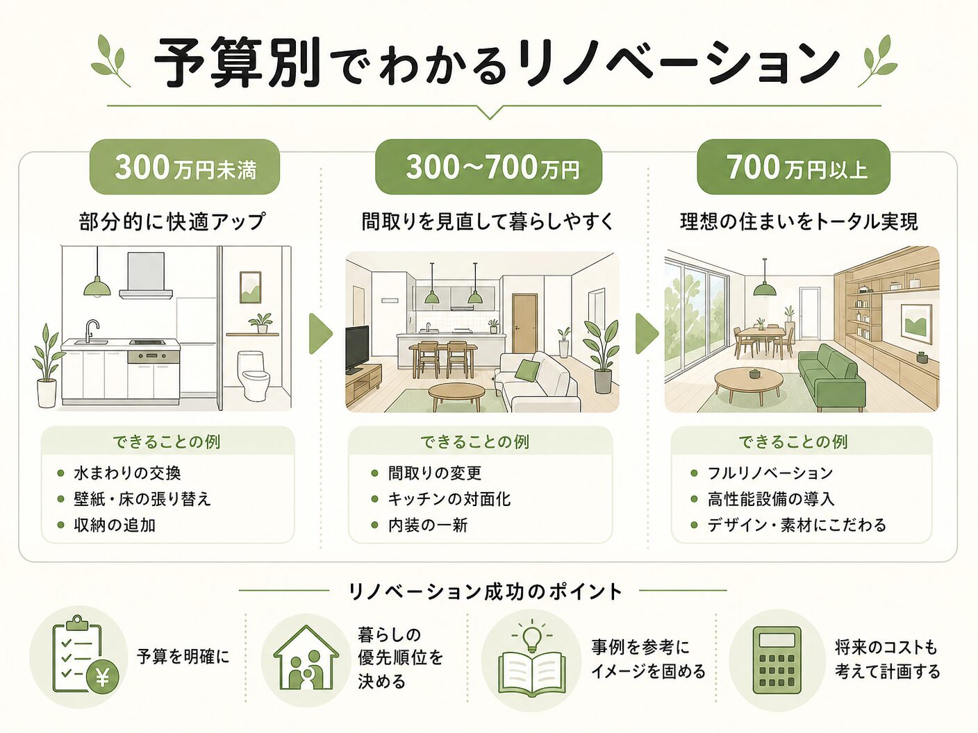 マンションリノベーション費用 3ldk 相場の予算別でわかるリノベーションでできることを表す図解イラスト