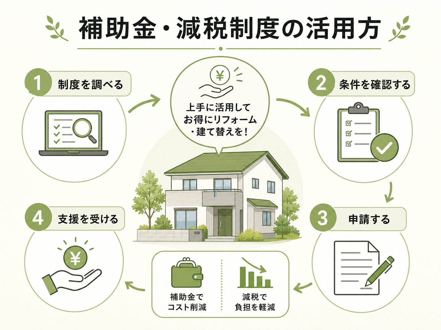 マンションリノベーション費用 3ldk 相場の補助金・減税制度の活用方法を表す図解イラスト