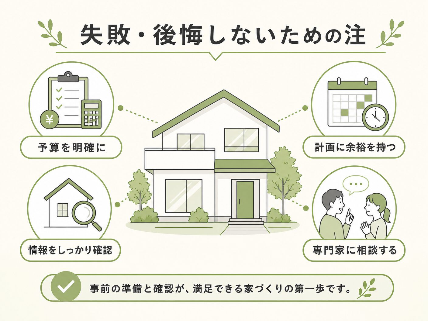 マンションリノベーション費用 3ldk 相場の失敗・後悔しないための注意点を表す図解イラスト