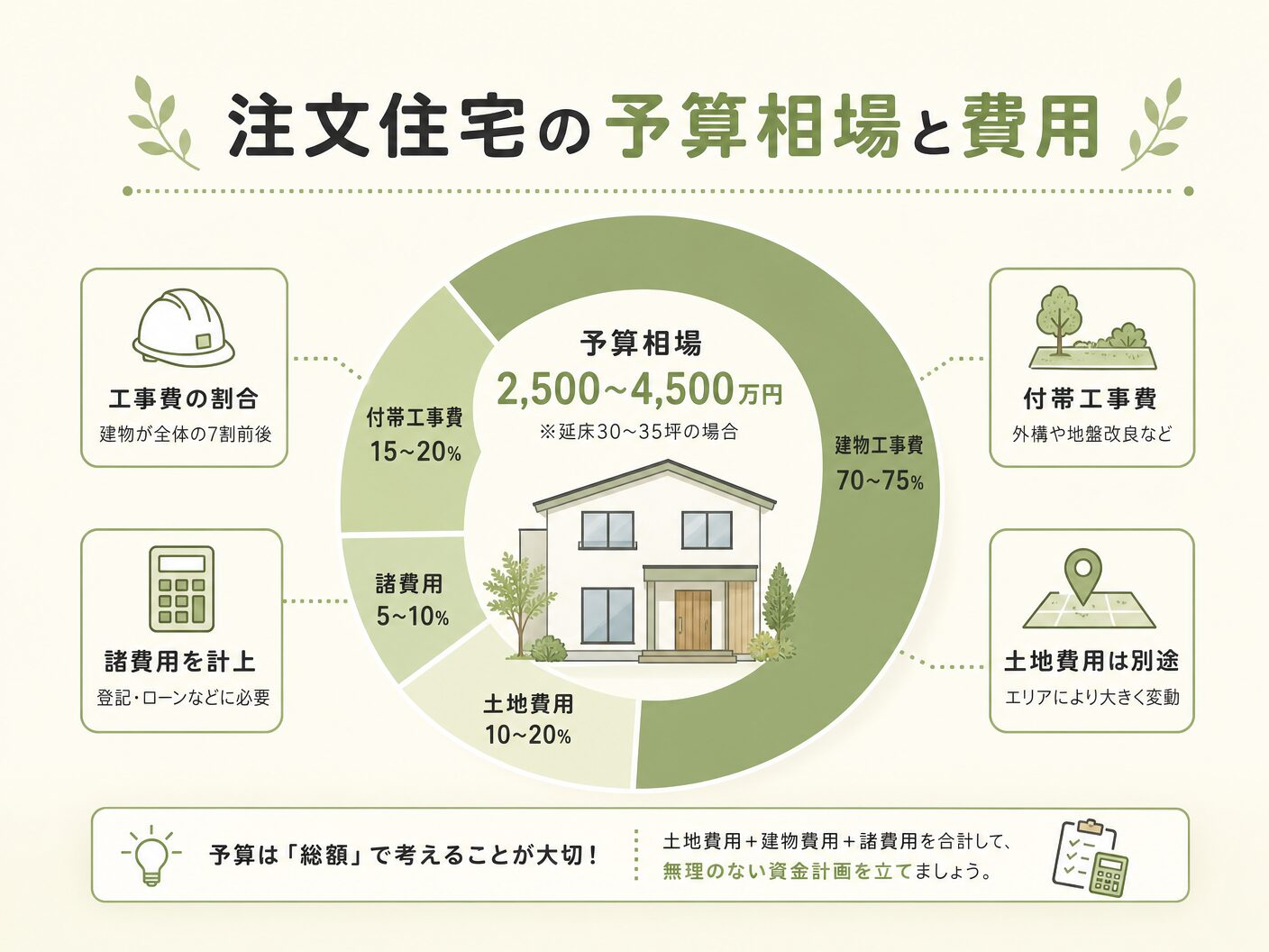 決め方の注文住宅の予算相場と費用内訳を表す図解イラスト