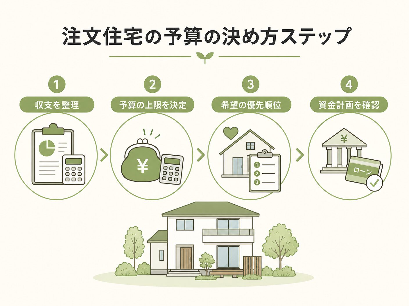 注文住宅の予算の決め方ステップを表す図解イラスト