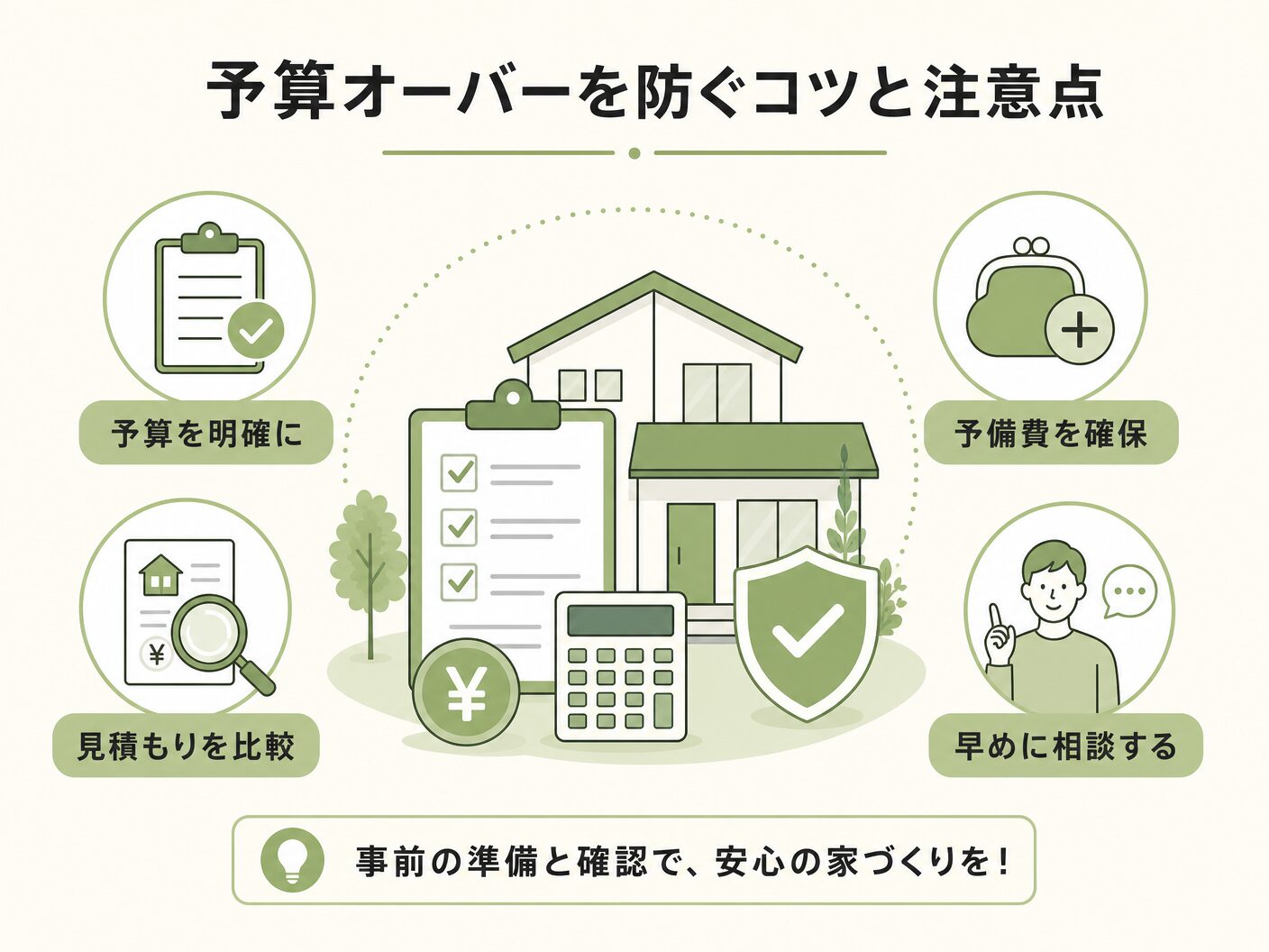 注文住宅 決め方の予算オーバーを防ぐコツと注意点を表す図解イラスト