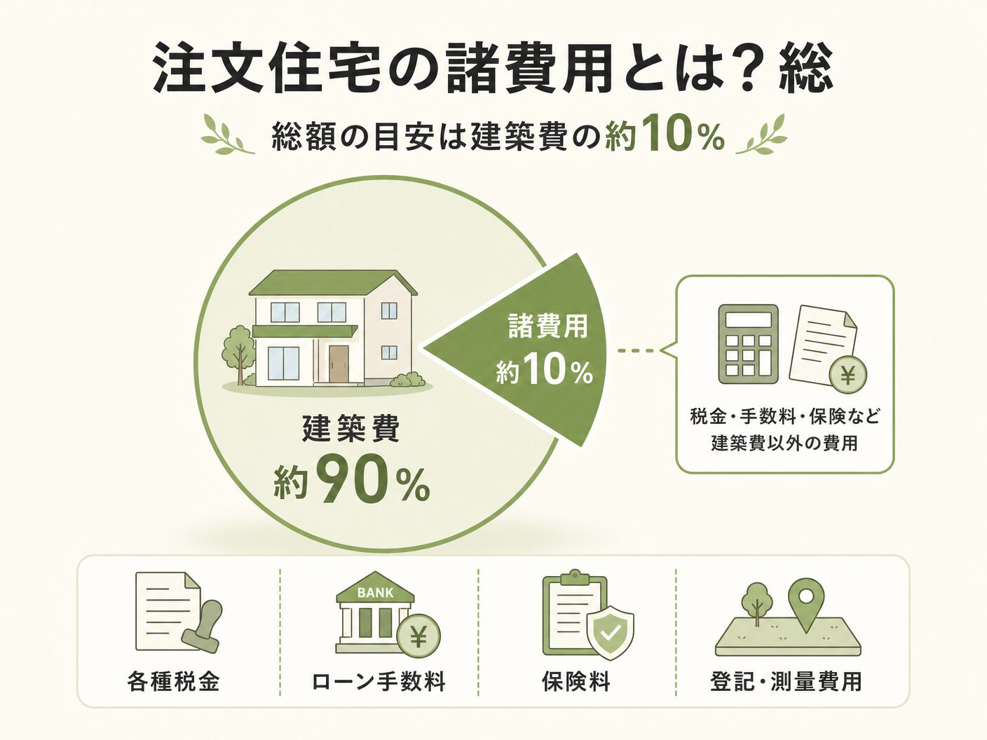 いくらの注文住宅の諸費用とは？総額の目安は建築費の約10％を表す図解イラスト
