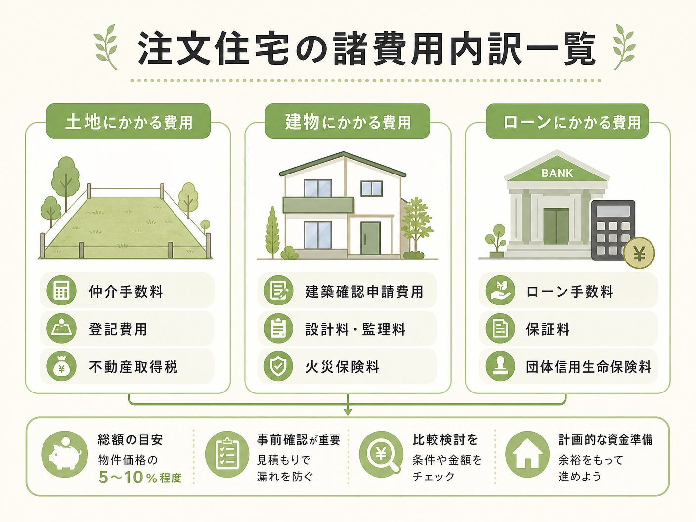 いくらの注文住宅の諸費用内訳一覧（土地・建物・ローン別）を表す図解イラスト