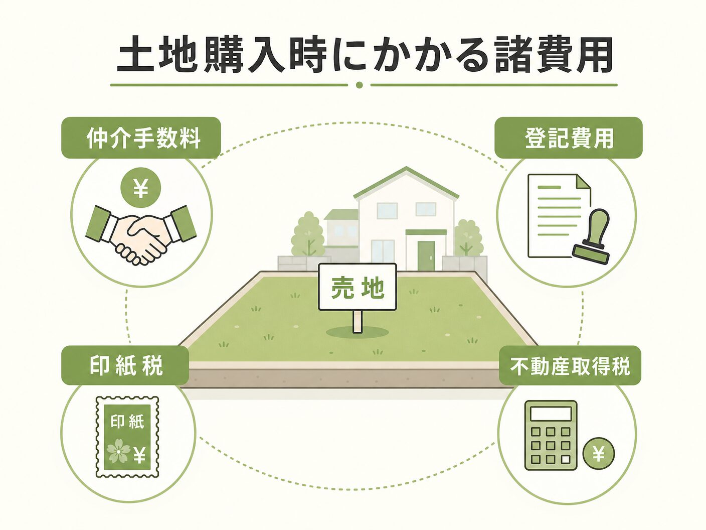 注文住宅 いくらの土地購入時にかかる諸費用の詳細を表す図解イラスト