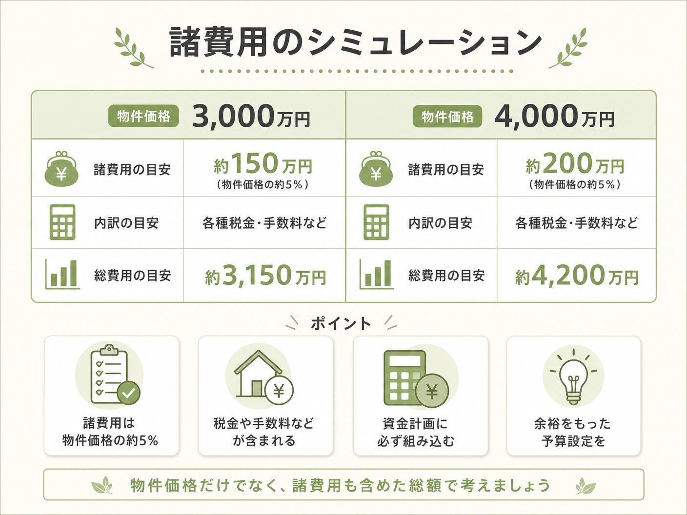 注文住宅 いくらの諸費用のシミュレーション事例（3000万・4000万円）を表す図解イラスト