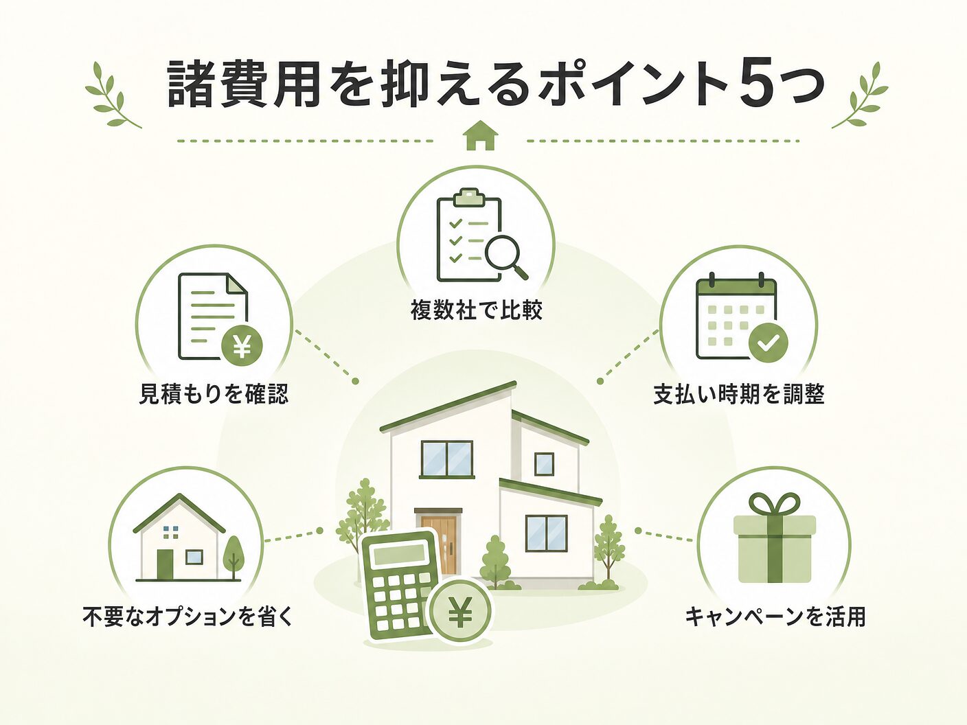 注文住宅 いくらの諸費用を抑えるポイント5つを表す図解イラスト