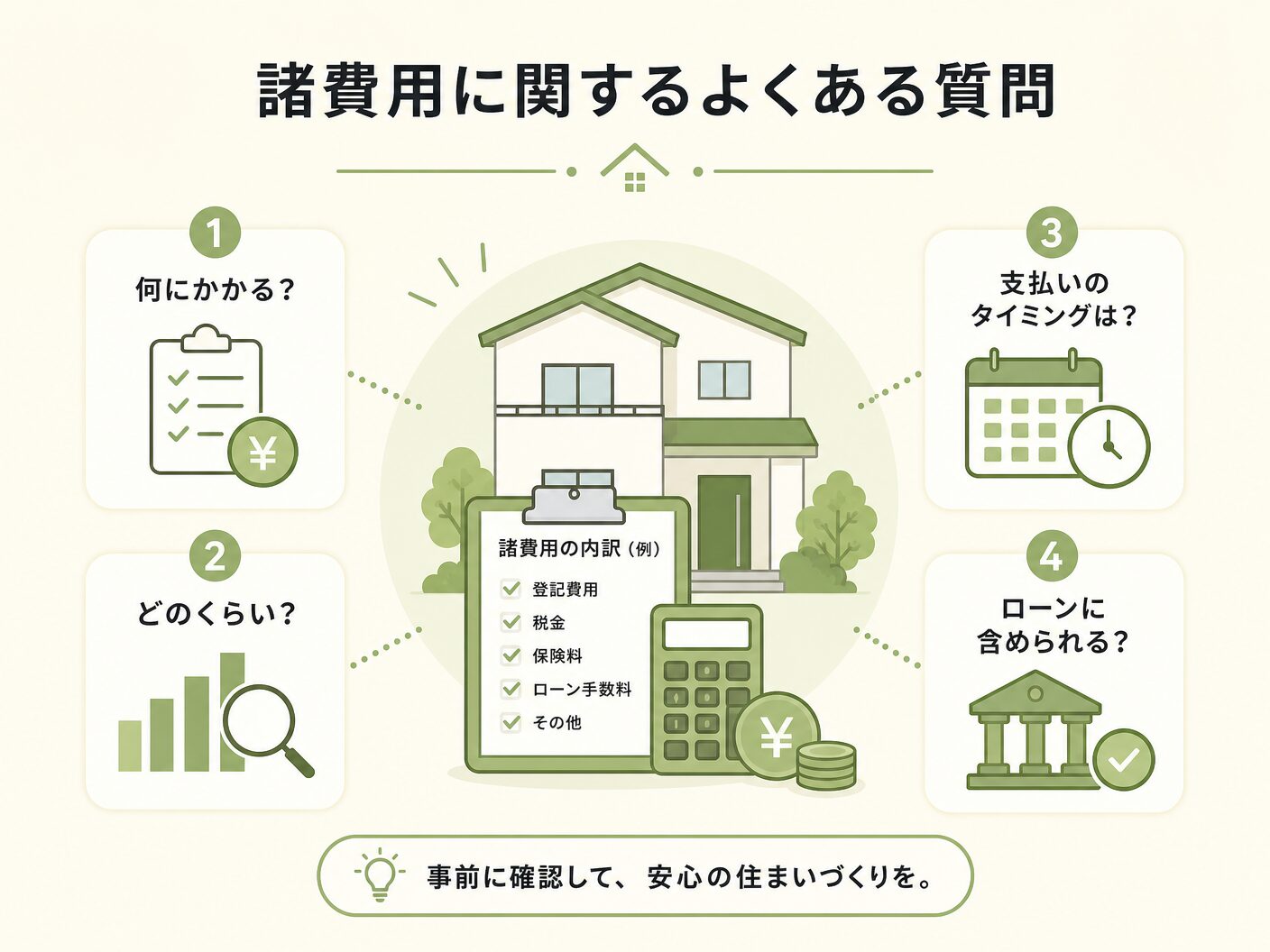 注文住宅 いくらの諸費用に関するよくある質問を表す図解イラスト