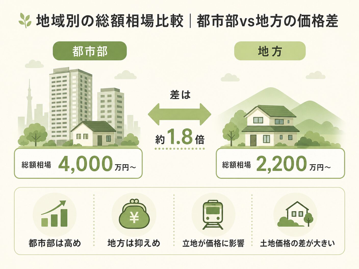 注文住宅 土地なしの地域別の総額相場比較|都市部vs地方の価格差を表す図解イラスト