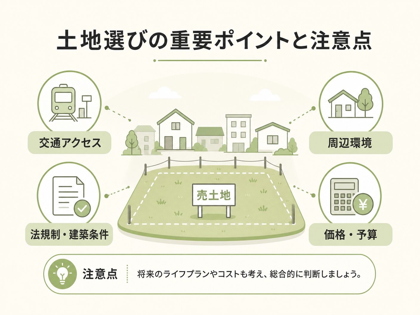 注文住宅 土地なし 総額 相場の土地選びの重要ポイントと注意点を表す図解イラスト