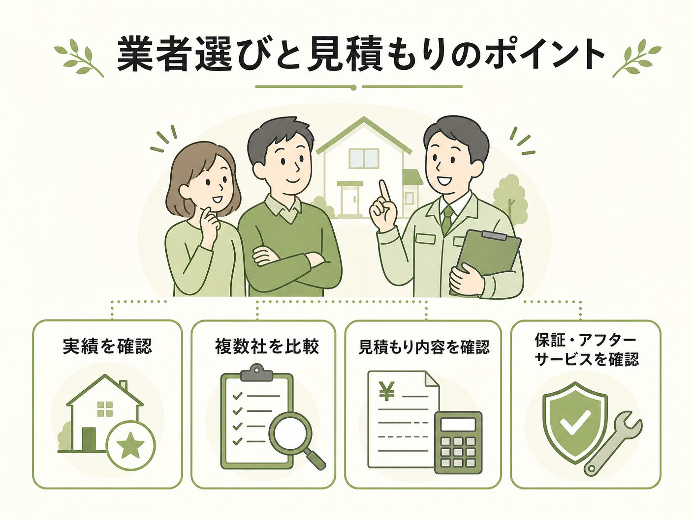 解体工事 費用相場 坪単価の業者選びと見積もりのポイントを表す図解イラスト