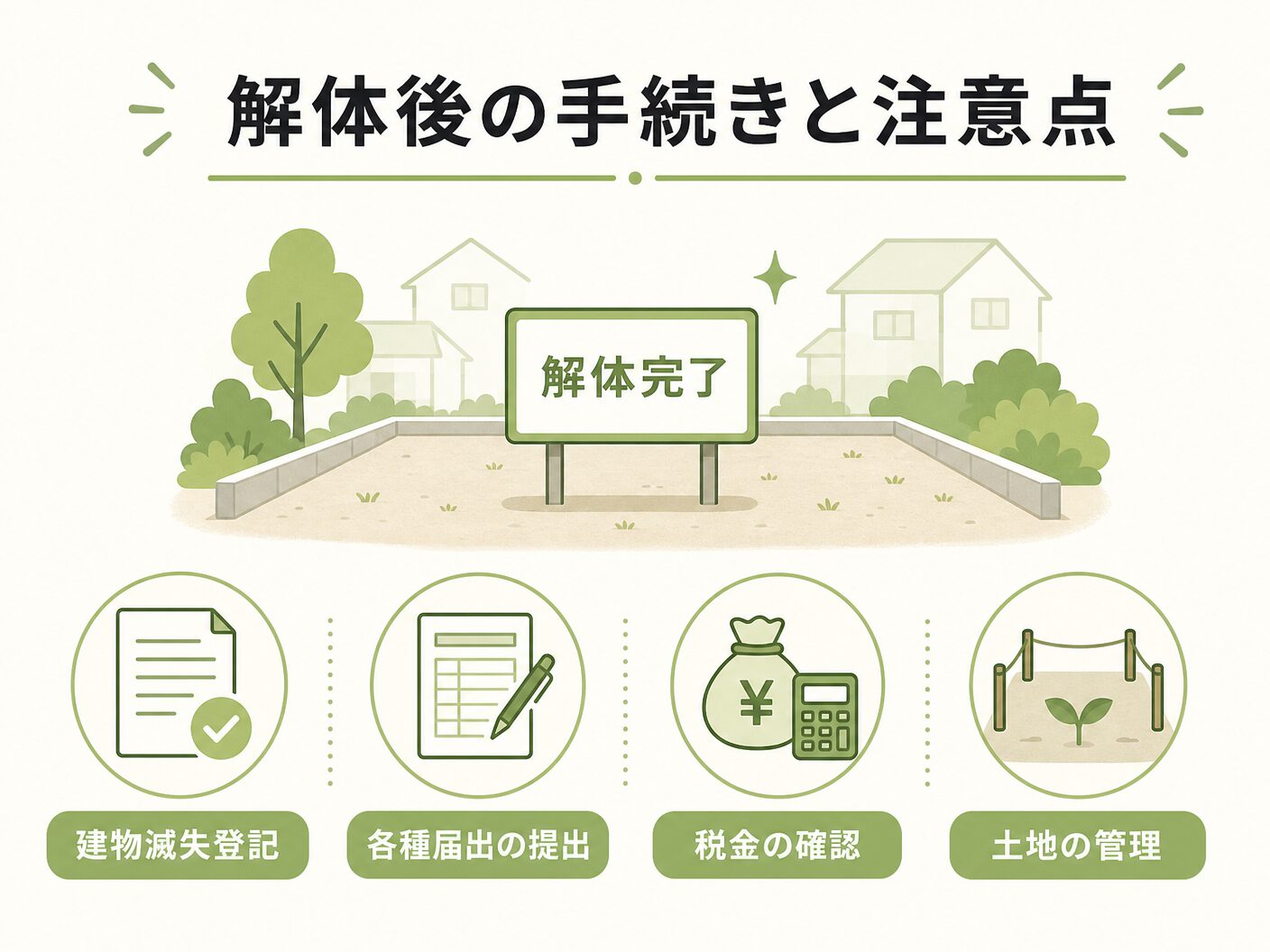 解体工事 費用相場 坪単価の解体後の手続きと注意点を表す図解イラスト