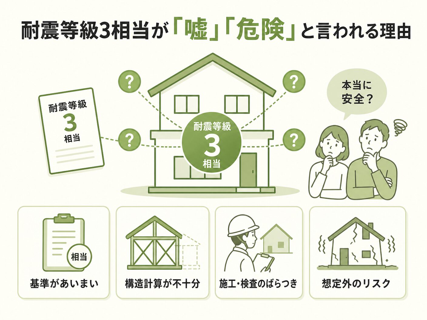 違いの耐震等級3相当が「嘘」「危険」と言われる理由を表す図解イラスト
