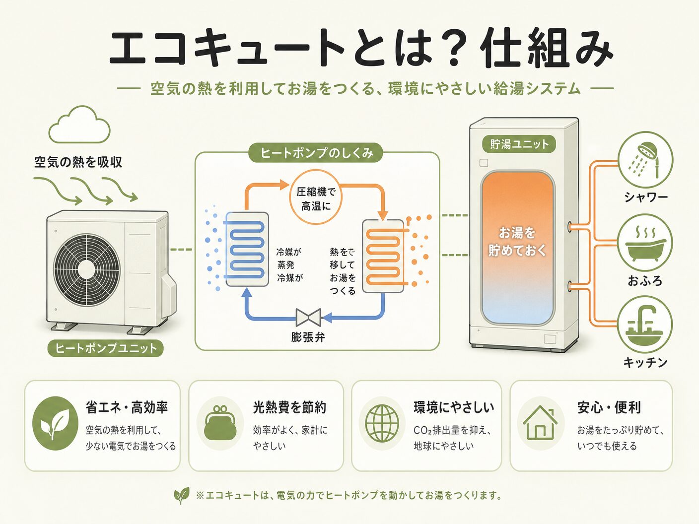 デメリット 注文住宅のエコキュートとは?仕組みと基礎知識を表す図解イラスト