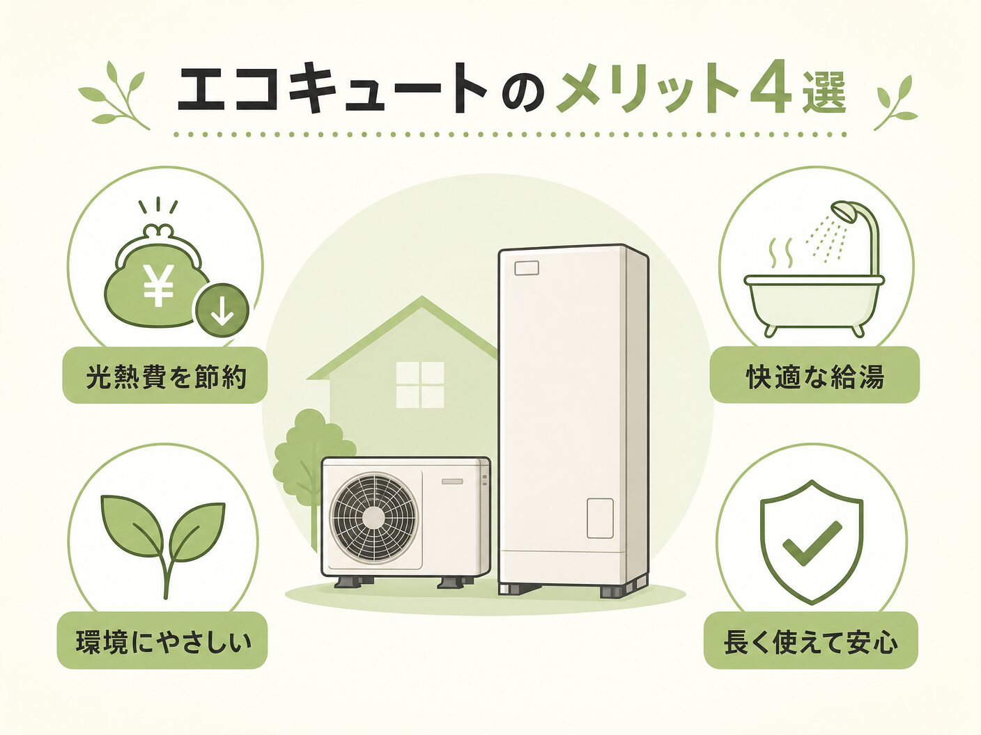 デメリット 注文住宅のエコキュートのメリット4選を表す図解イラスト