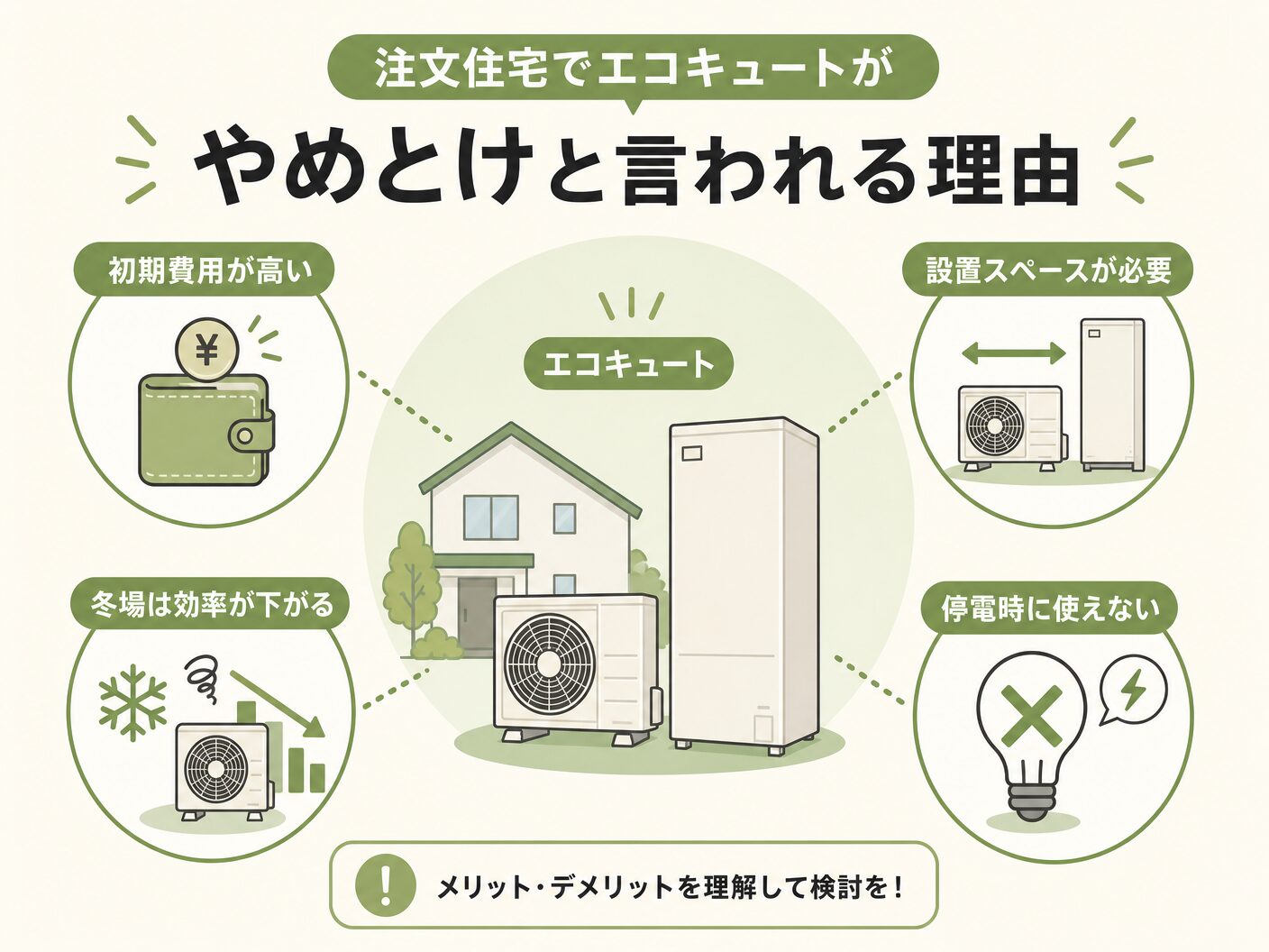 デメリットの注文住宅でエコキュートが「やめとけ」と言われる理由を表す図解イラスト