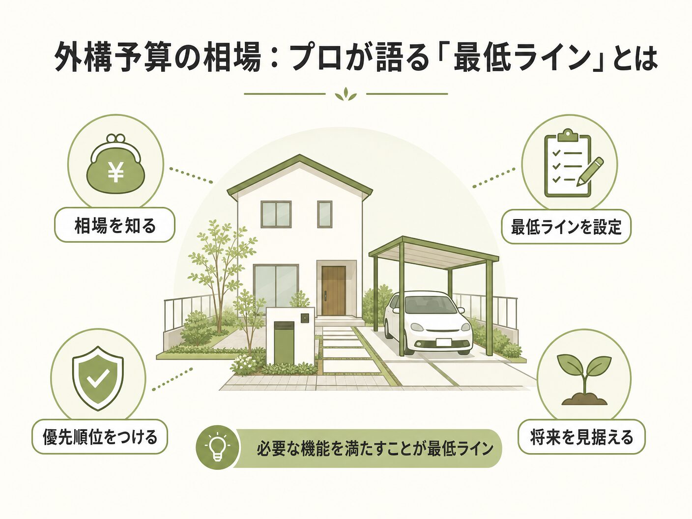 注文住宅の外構予算の相場：プロが語る「最低ライン」とはを表す図解イラスト