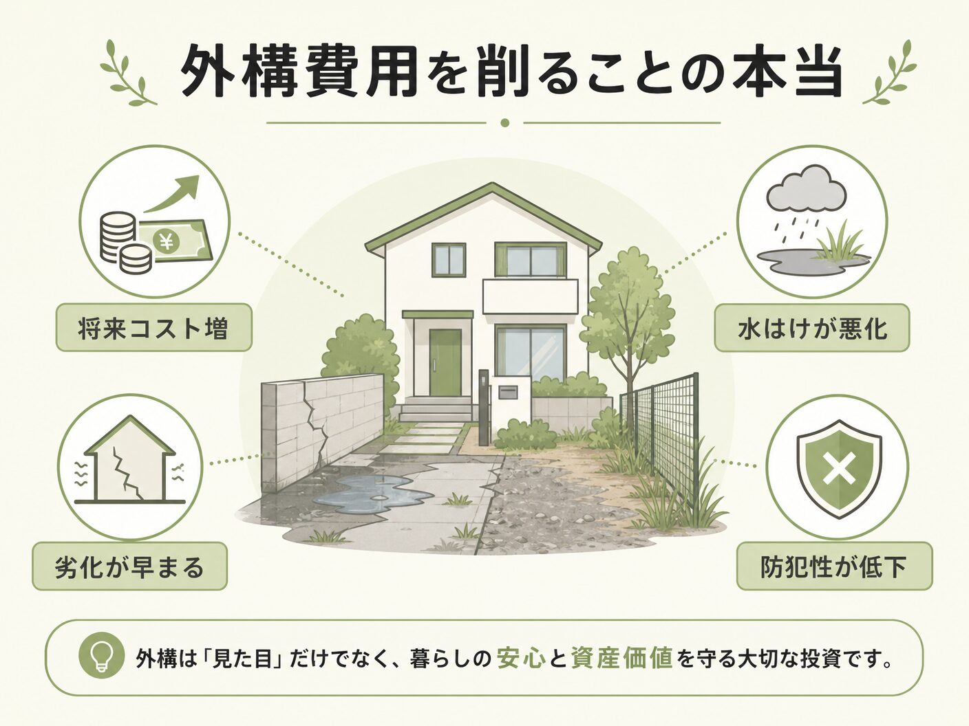 予算 相場 注文住宅の外構費用を削ることの本当のリスクを表す図解イラスト