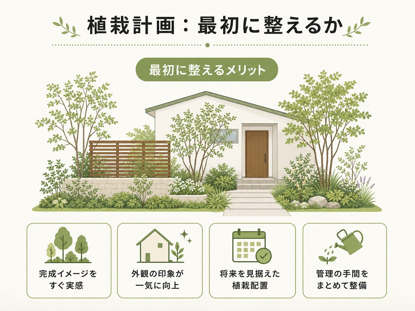 外構 予算 相場 注文住宅の植栽計画：最初に整えるか、段階的に育てるかを表す図解イラスト