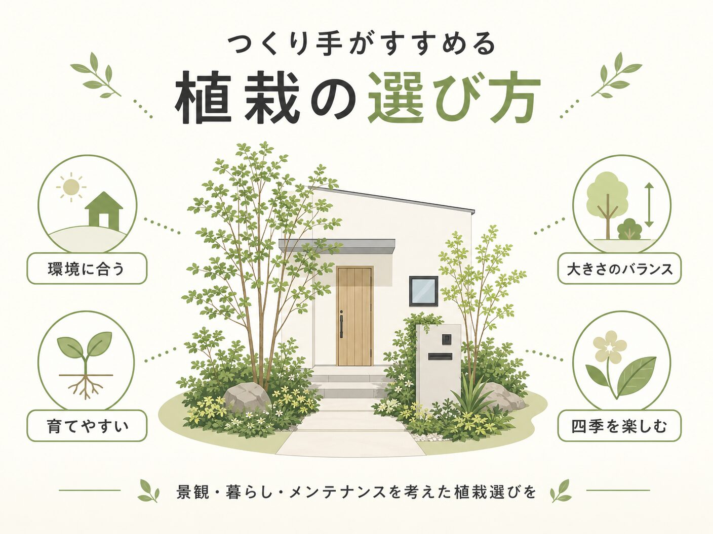 外構 予算 相場 注文住宅のつくり手がすすめる植栽の選び方を表す図解イラスト