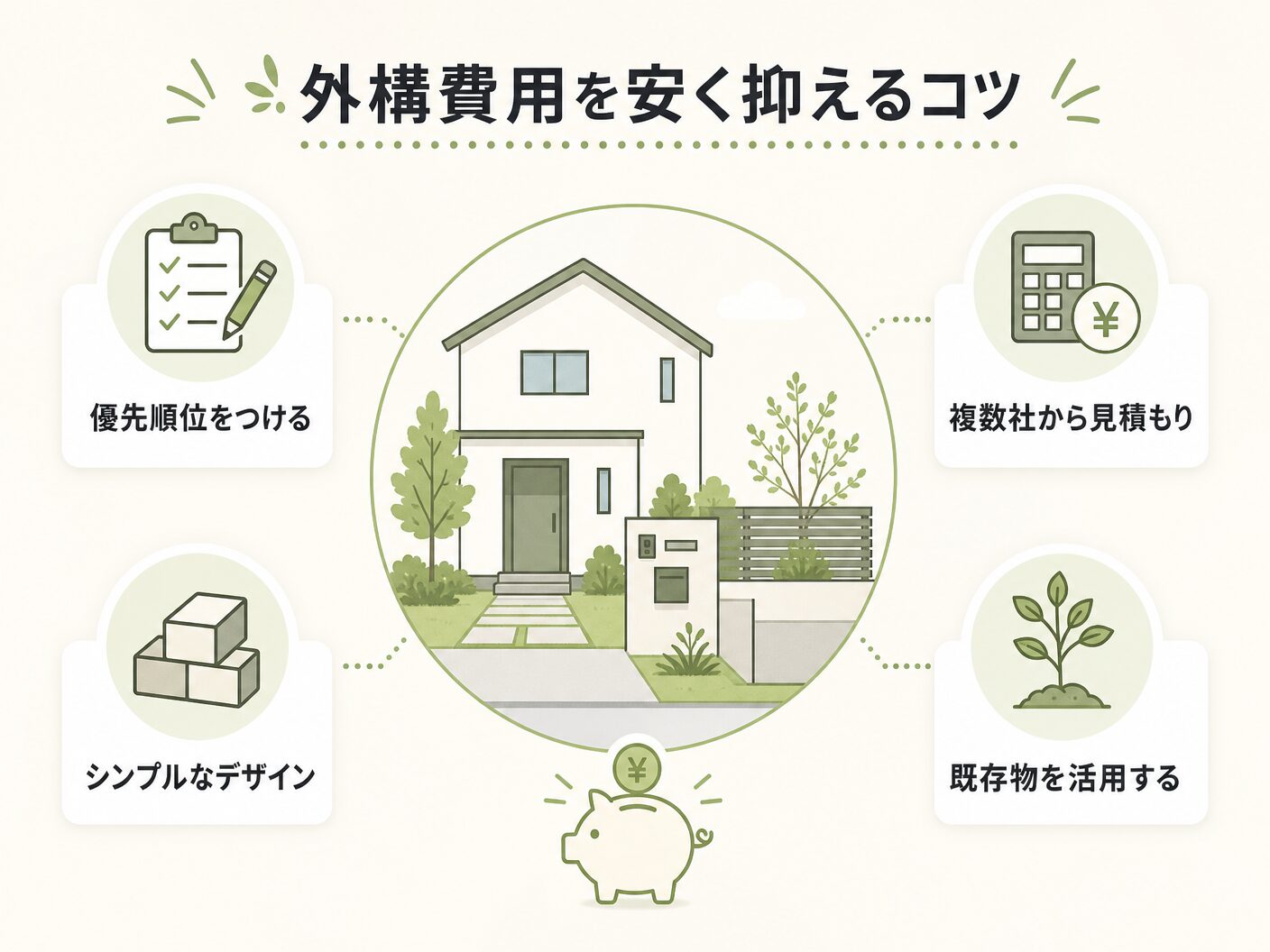 相場の外構費用を安く抑えるコツを表す図解イラスト