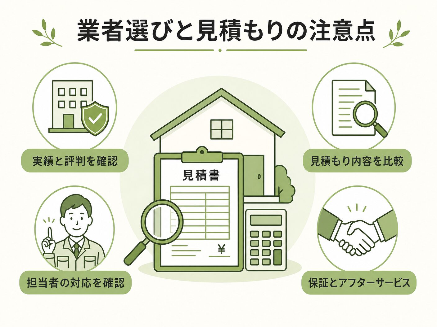 外構 費用 相場の業者選びと見積もりの注意点を表す図解イラスト