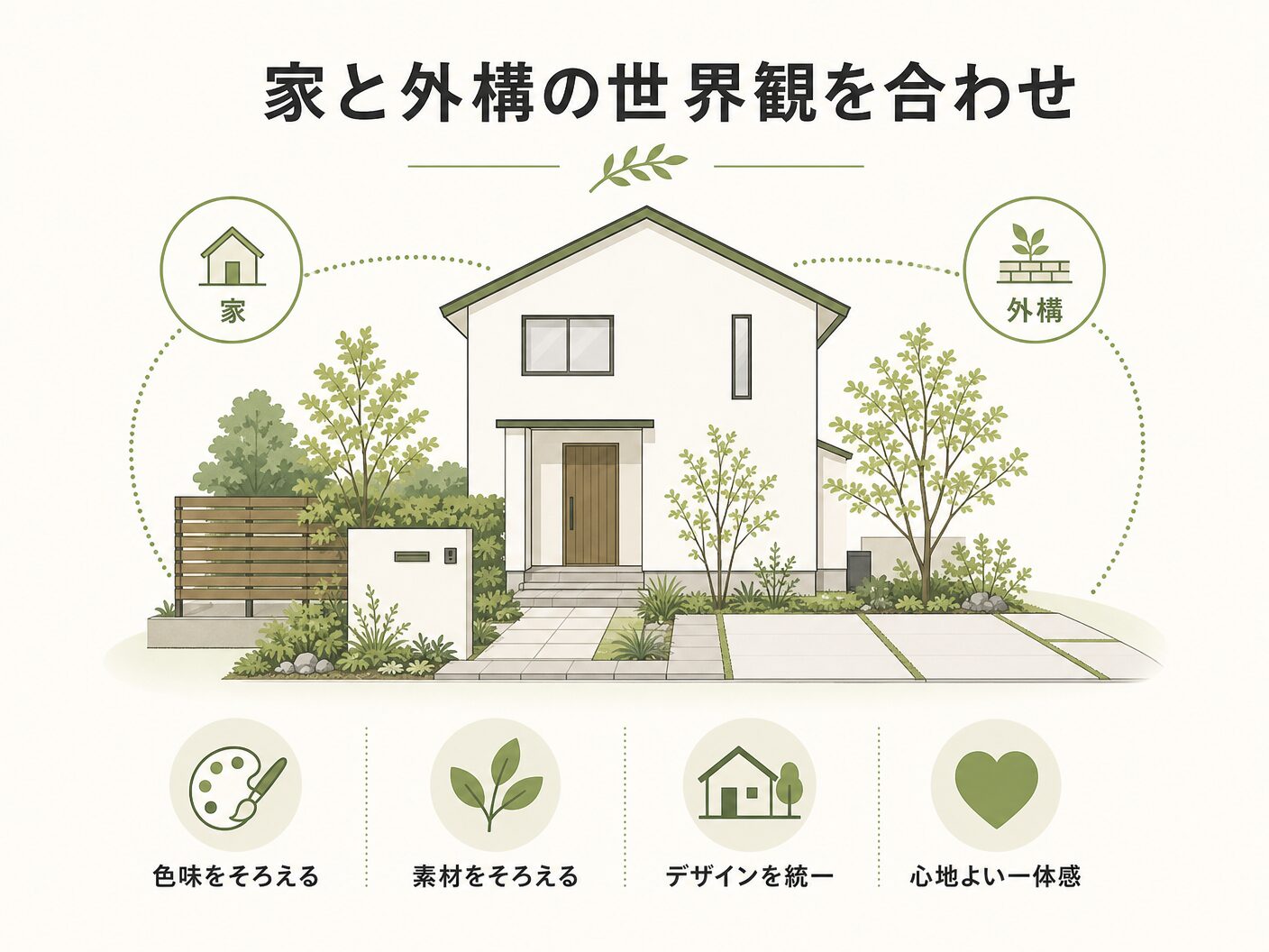 外構計画 考え方の家と外構の世界観を合わせるを表す図解イラスト