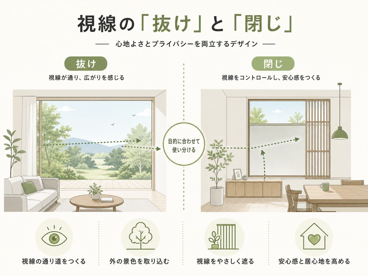 外構計画 考え方の視線の「抜け」と「閉じ」をデザインするを表す図解イラスト