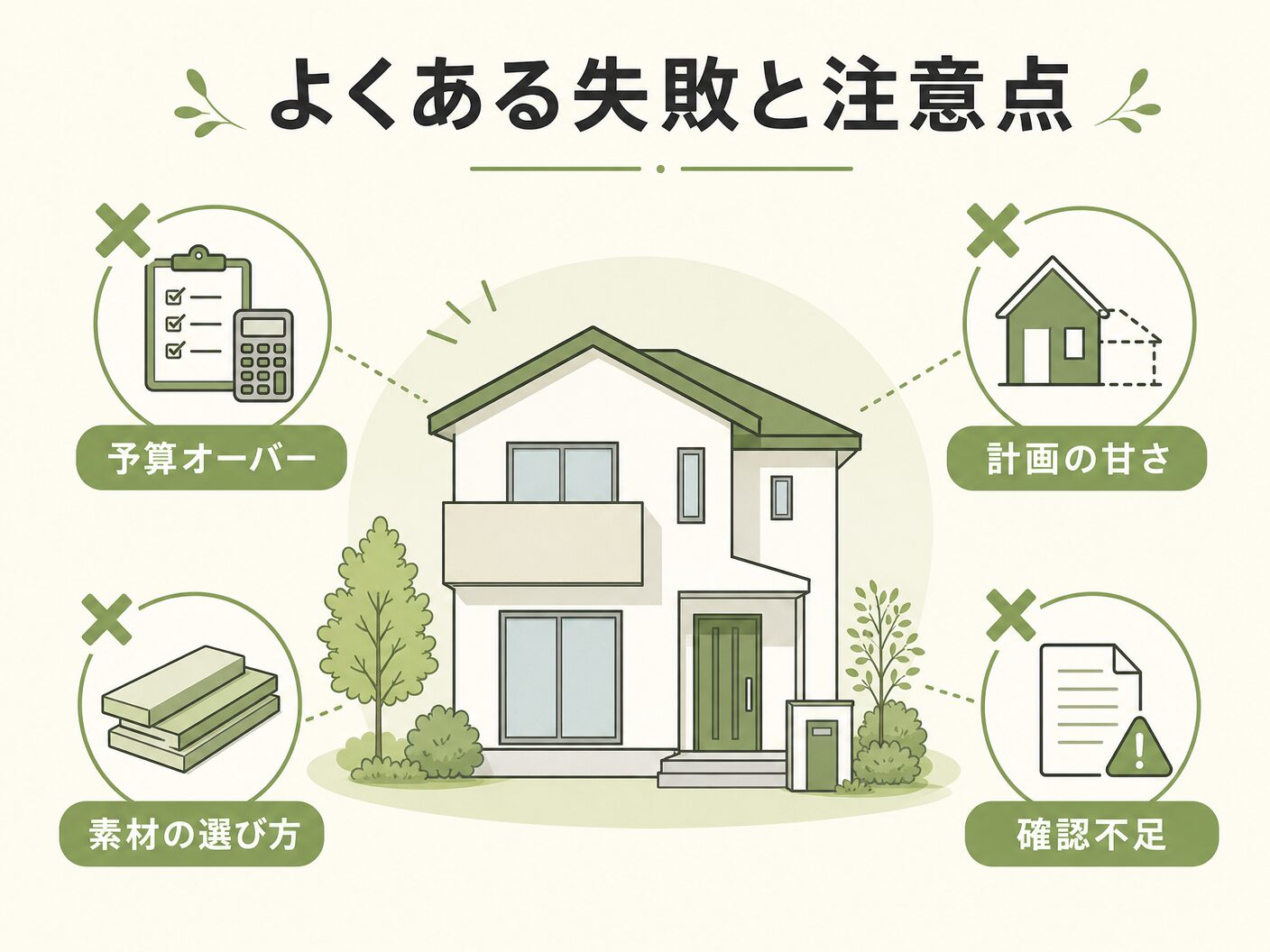 外構計画 考え方のよくある失敗と注意点を表す図解イラスト