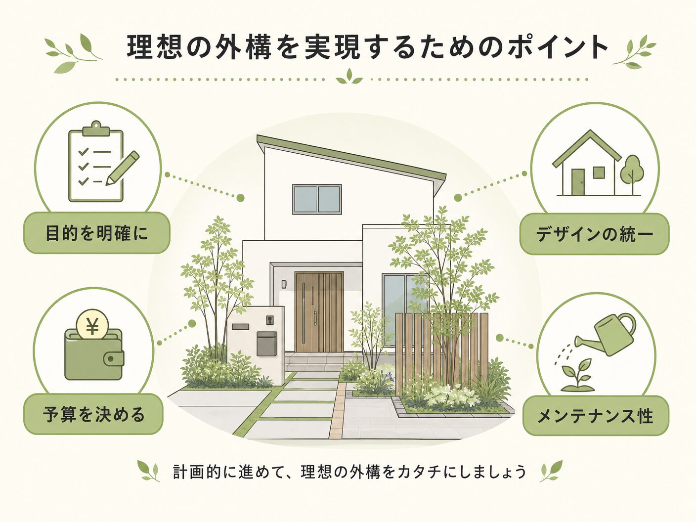 外構計画 考え方の理想の外構を実現するためのポイントを表す図解イラスト