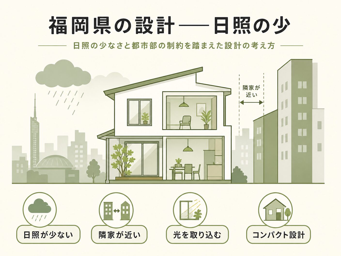 風向きを考慮した間取り設計の福岡県の設計——日照の少なさと都市部の制約を表す図解イラスト