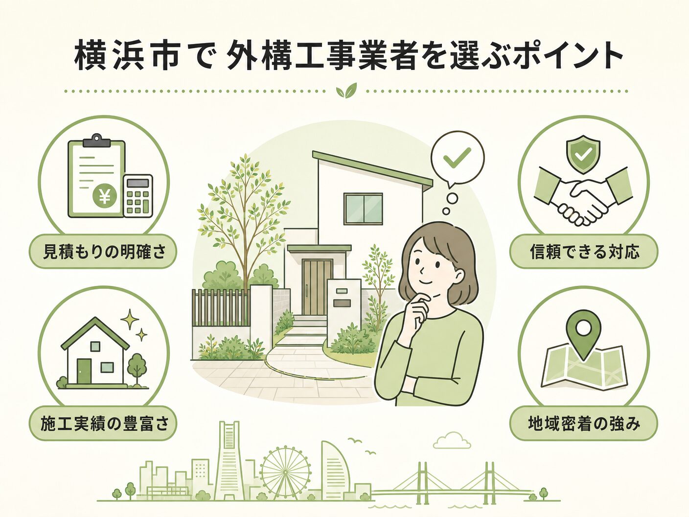 横浜市で外構工事業者を選ぶポイントを表す図解イラスト
