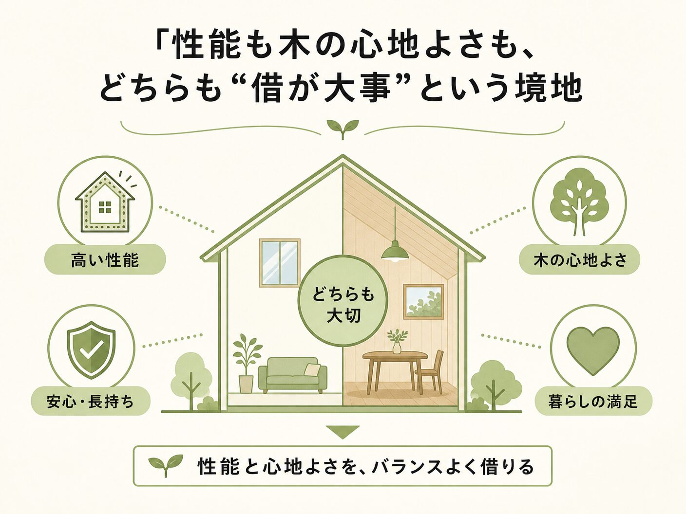 高気密高断熱 木の家 どっちの「性能も木の心地よさも、どちらも借が大事」という境地を表す図解イラスト