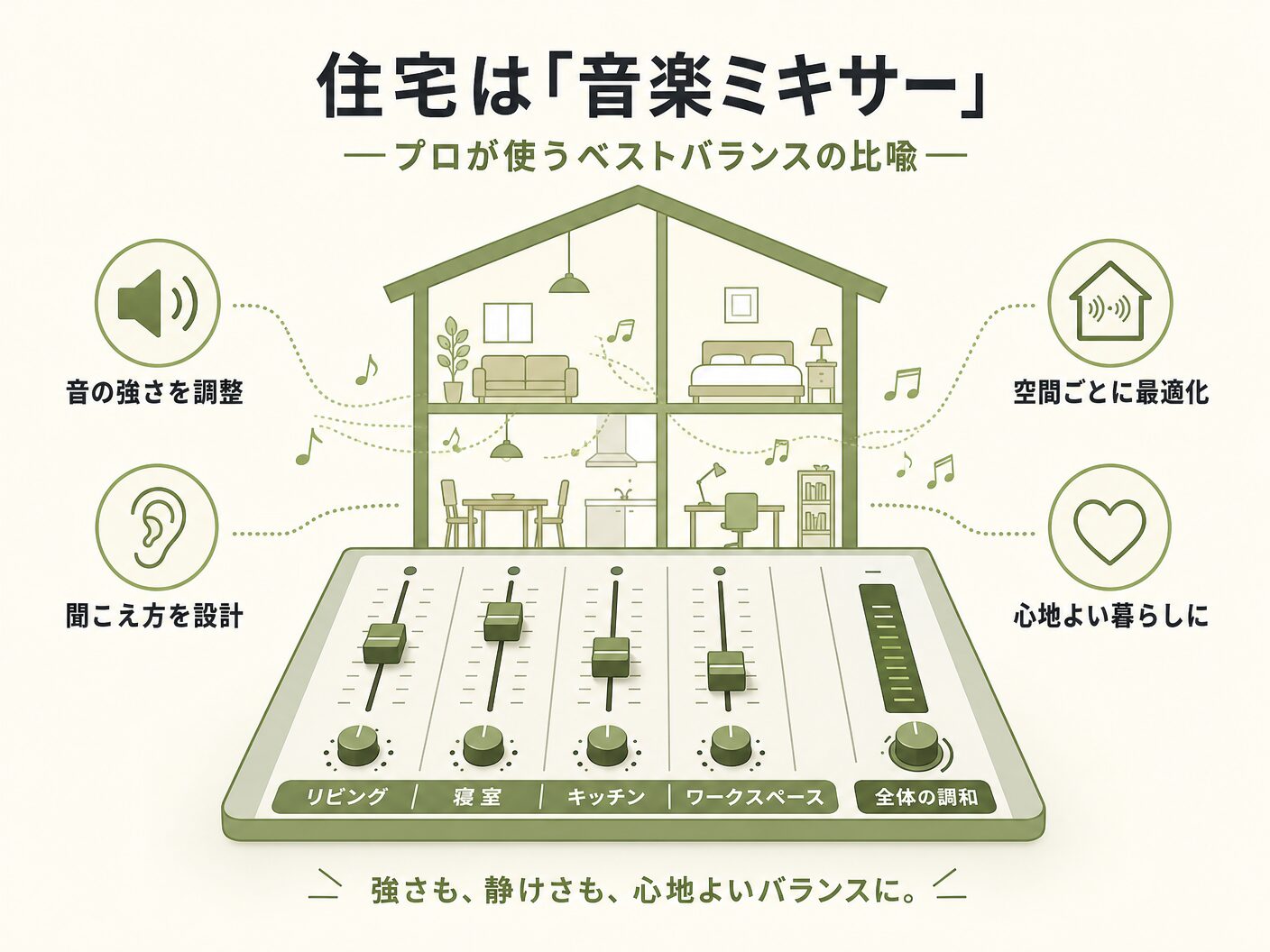 高気密高断熱 木の家 どっちの住宅は「音楽ミキサー」——プロが使うベストバランスの比喩を表す図解イラスト