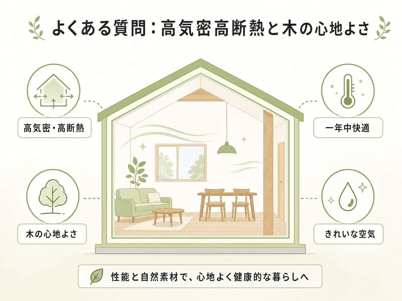 木の家 どっちのよくある質問：高気密高断熱と木の心地よさを表す図解イラスト