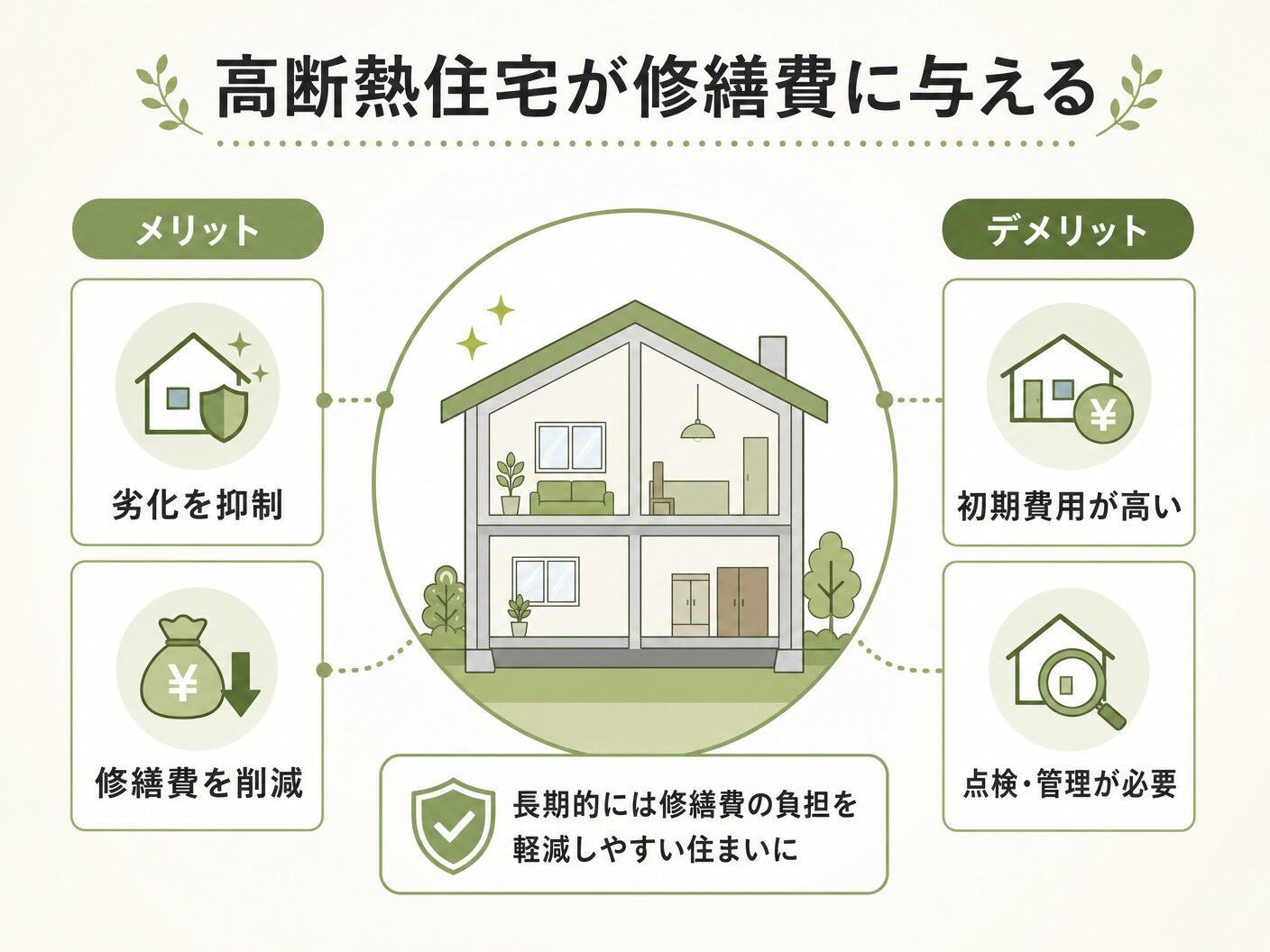 高断熱住宅が修繕費に与えるメリット・デメリットを表す図解イラスト