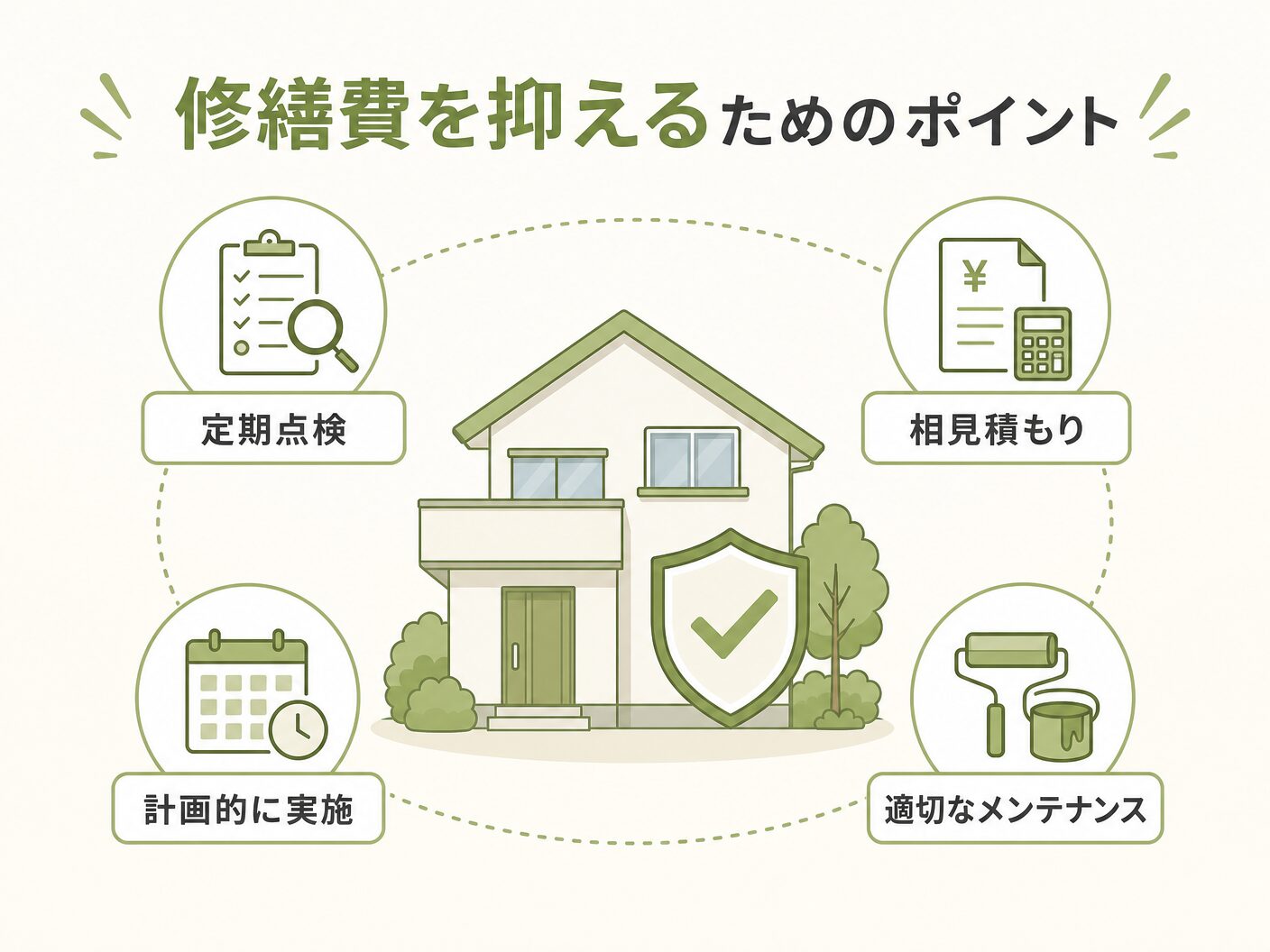 高断熱住宅の修繕費を抑えるためのポイントを表す図解イラスト