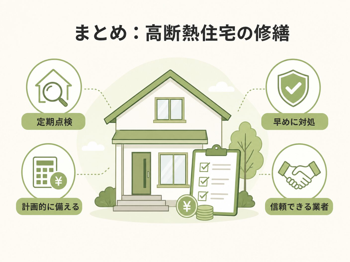 まとめ:高断熱住宅の修繕費を賢く管理するためにを表す図解イラスト