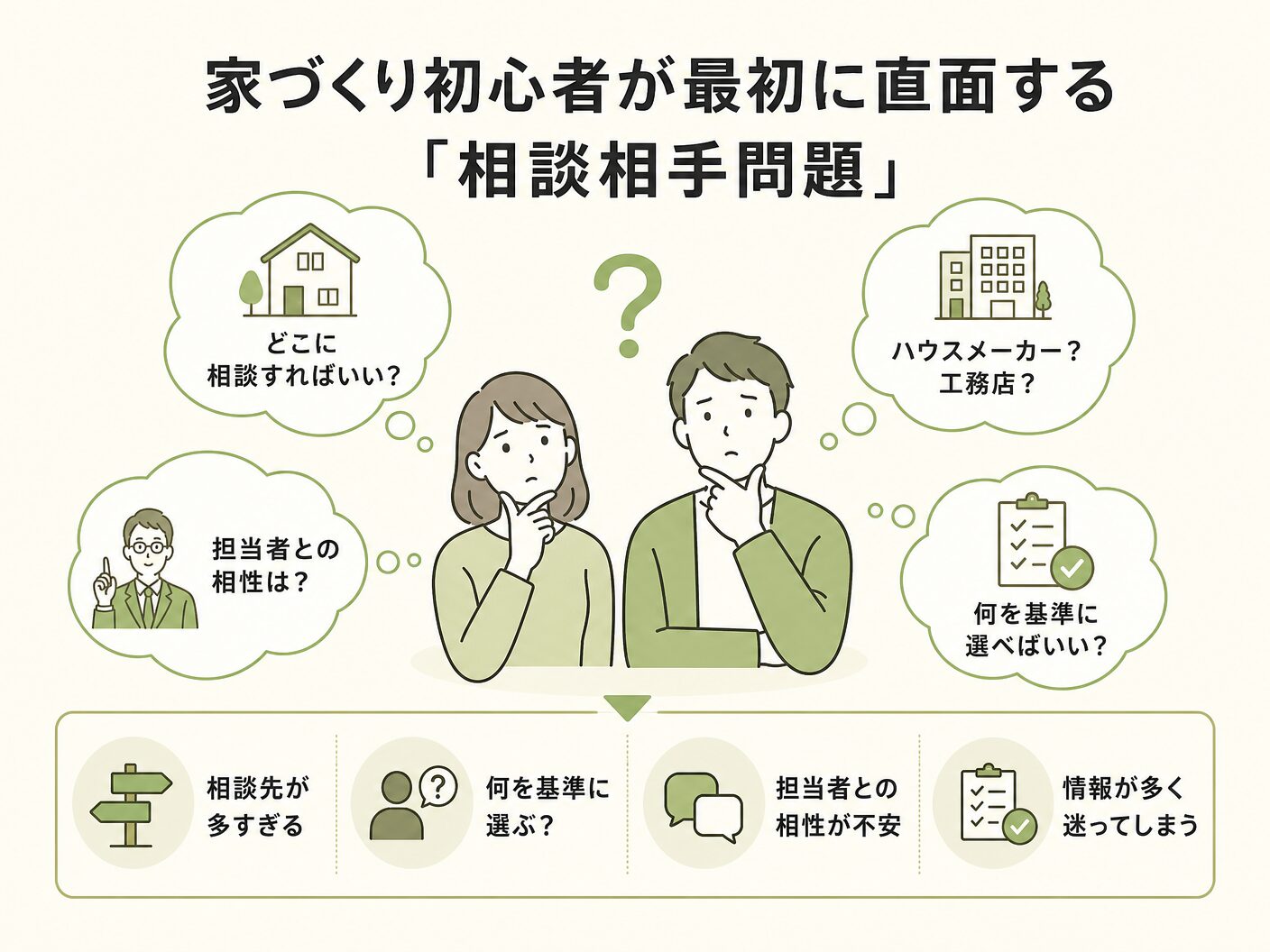 AI 活用の家づくり初心者が最初に直面する「相談相手問題」を表す図解イラスト