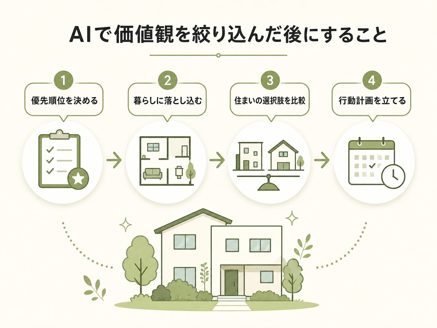家づくり 活用のAIで価値観を絞り込んだ後にすることを表す図解イラスト