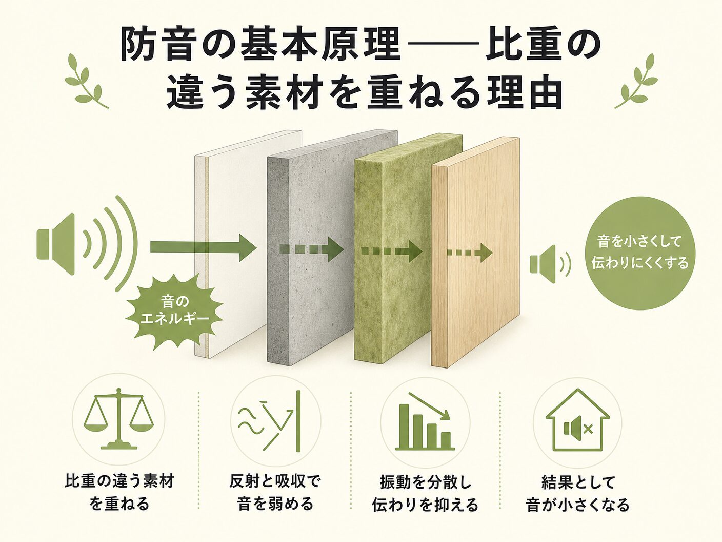家 仕組みの防音の基本原理——比重の違う素材を重ねる理由を表す図解イラスト