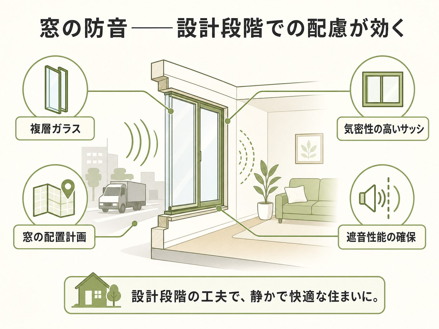 家 仕組みの窓の防音——設計段階での配慮が効くを表す図解イラスト