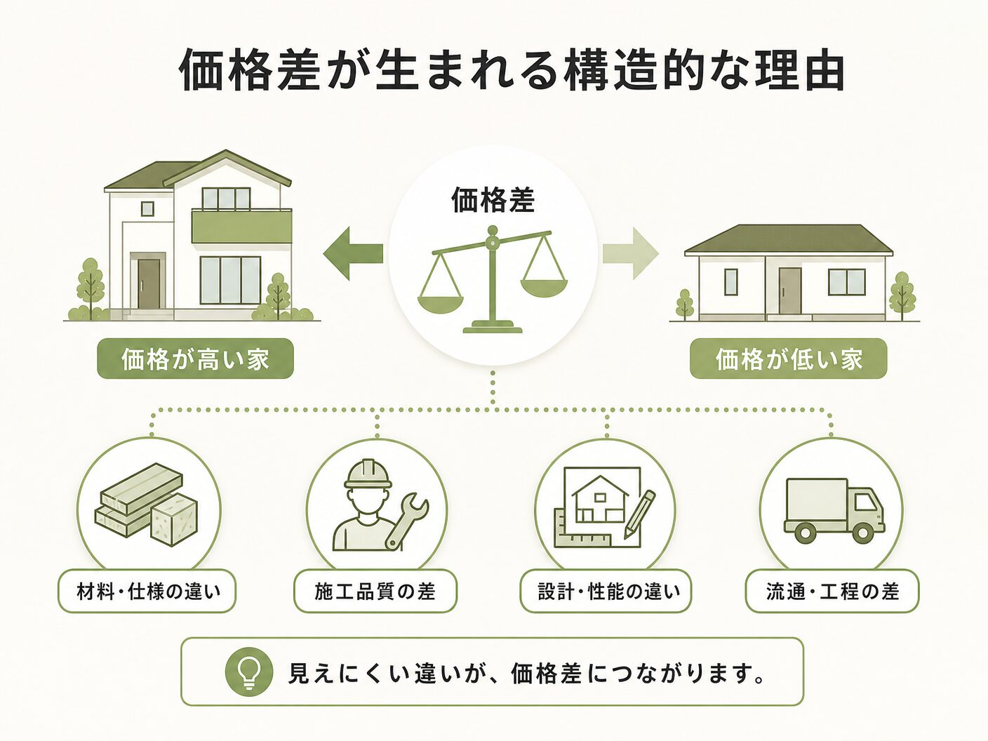 ハウスメーカー 工務店 違いの価格差が生まれる構造的な理由を表す図解イラスト