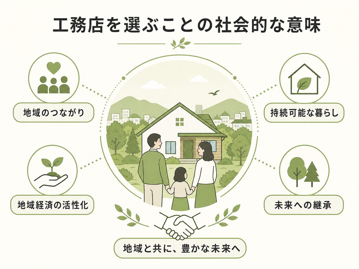 ハウスメーカー 違いの工務店を選ぶことの社会的な意味を表す図解イラスト