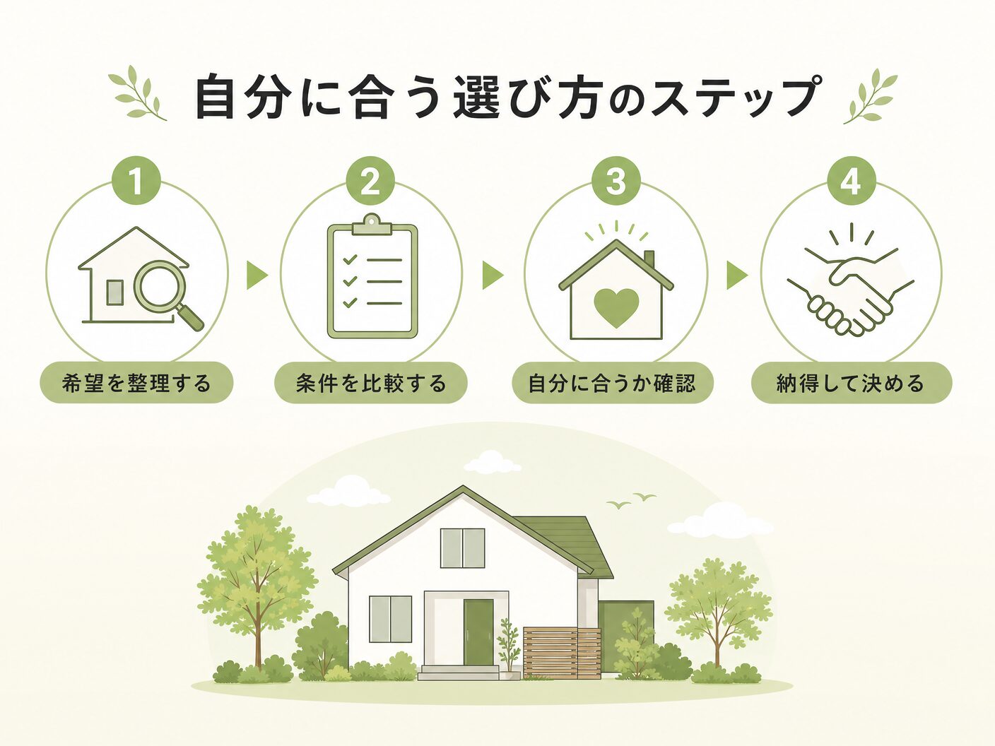 ハウスメーカー 工務店 違いの自分に合う選び方のステップを表す図解イラスト
