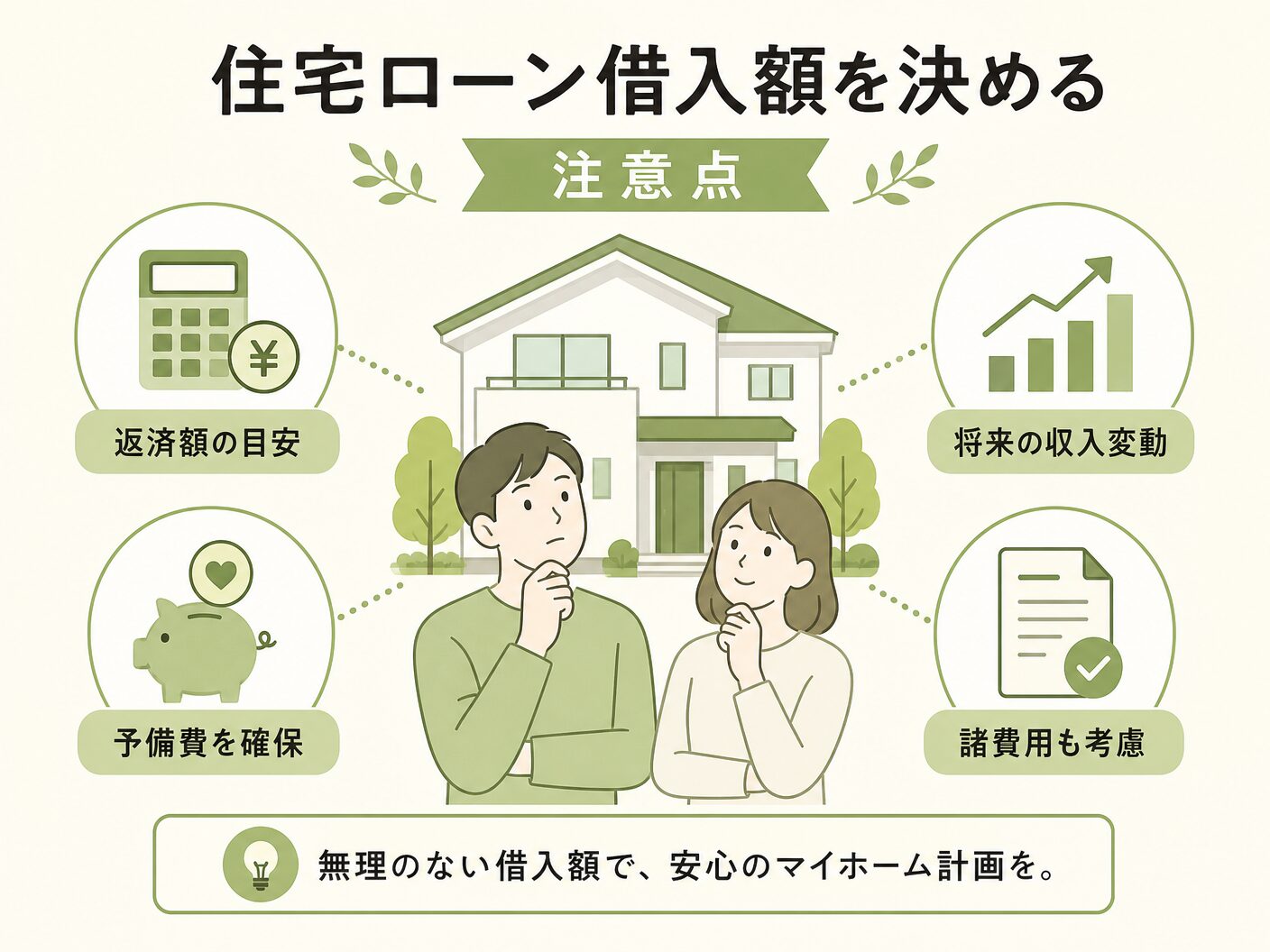 借入可能額 年収の住宅ローン借入額を決めるときの注意点を表す図解イラスト