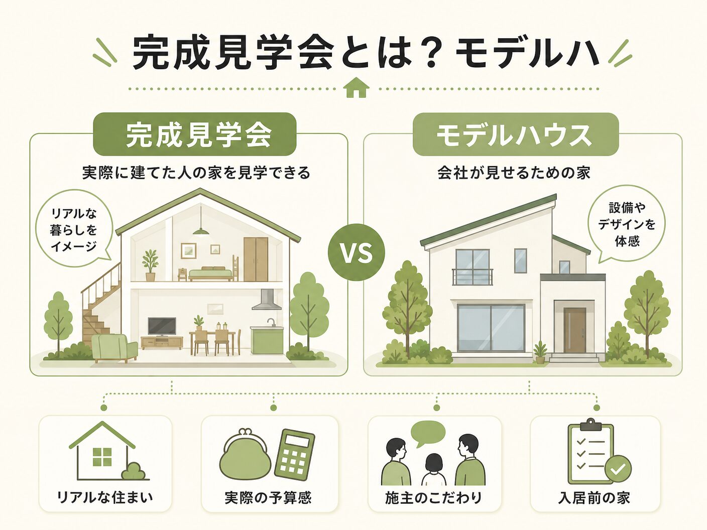 見るべき ポイントの完成見学会とは?モデルハウスとの違いを表す図解イラスト
