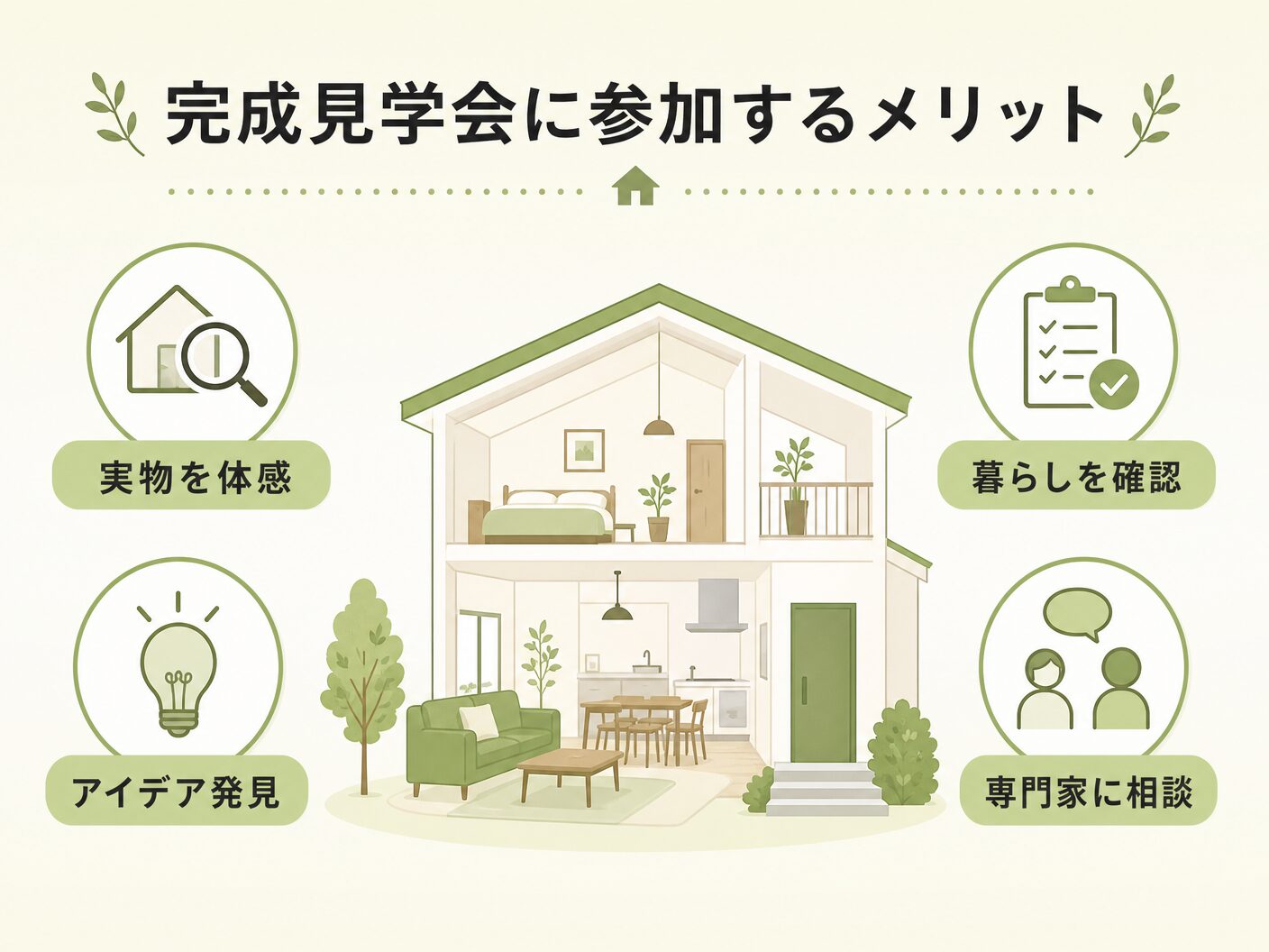見るべき ポイントの完成見学会に参加するメリットを表す図解イラスト