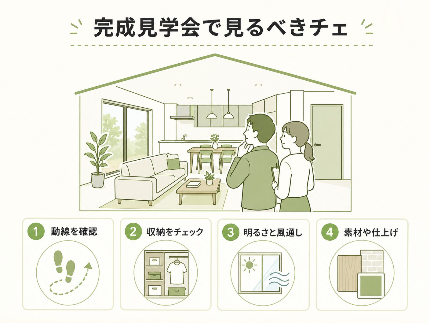 完成見学会で見るべきチェックポイントを表す図解イラスト
